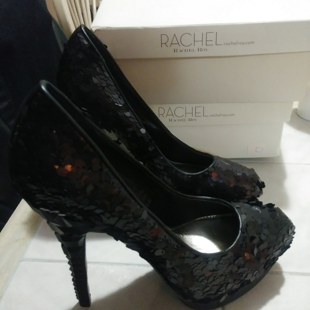 Gorgeous New Rachel Roy Black Sequin Heels Size 10
